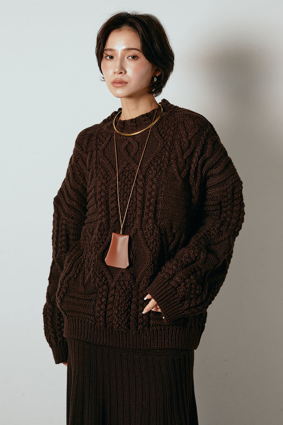 [SET]アラン柄ミックスケーブルニット+サイドボタンツイードタックパンツ(2set)