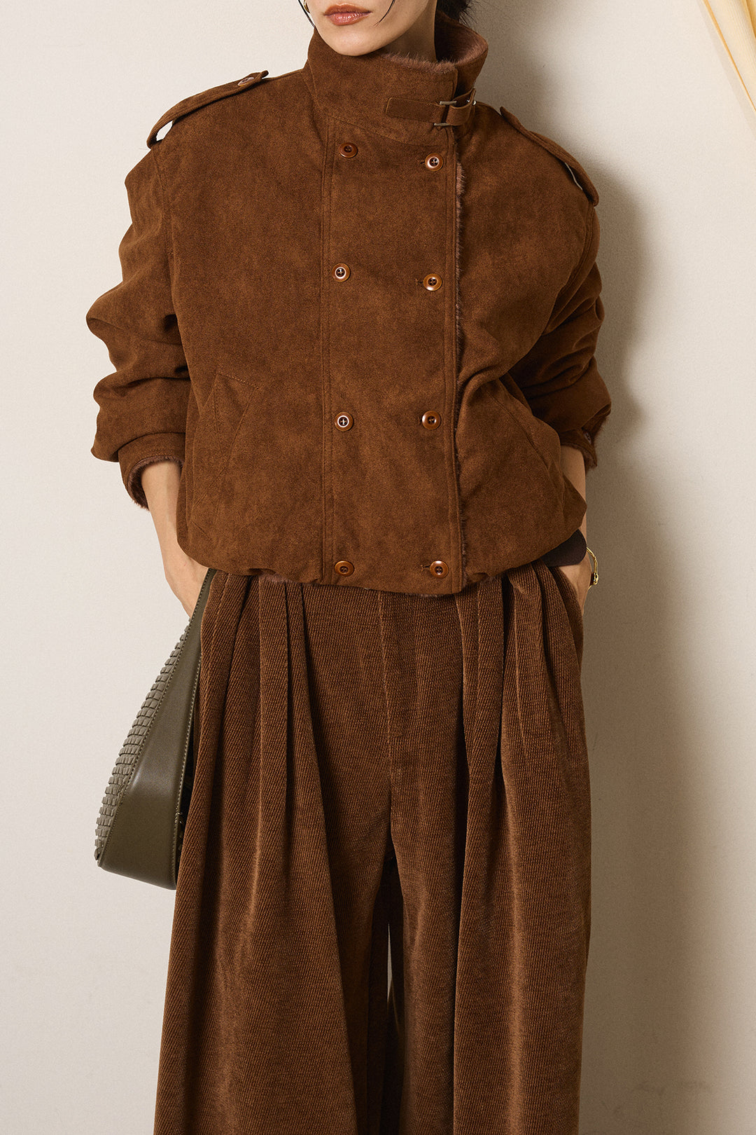 [SET]スタンド襟スウェードライクアウター+デニムロングフレアスカート(2set)