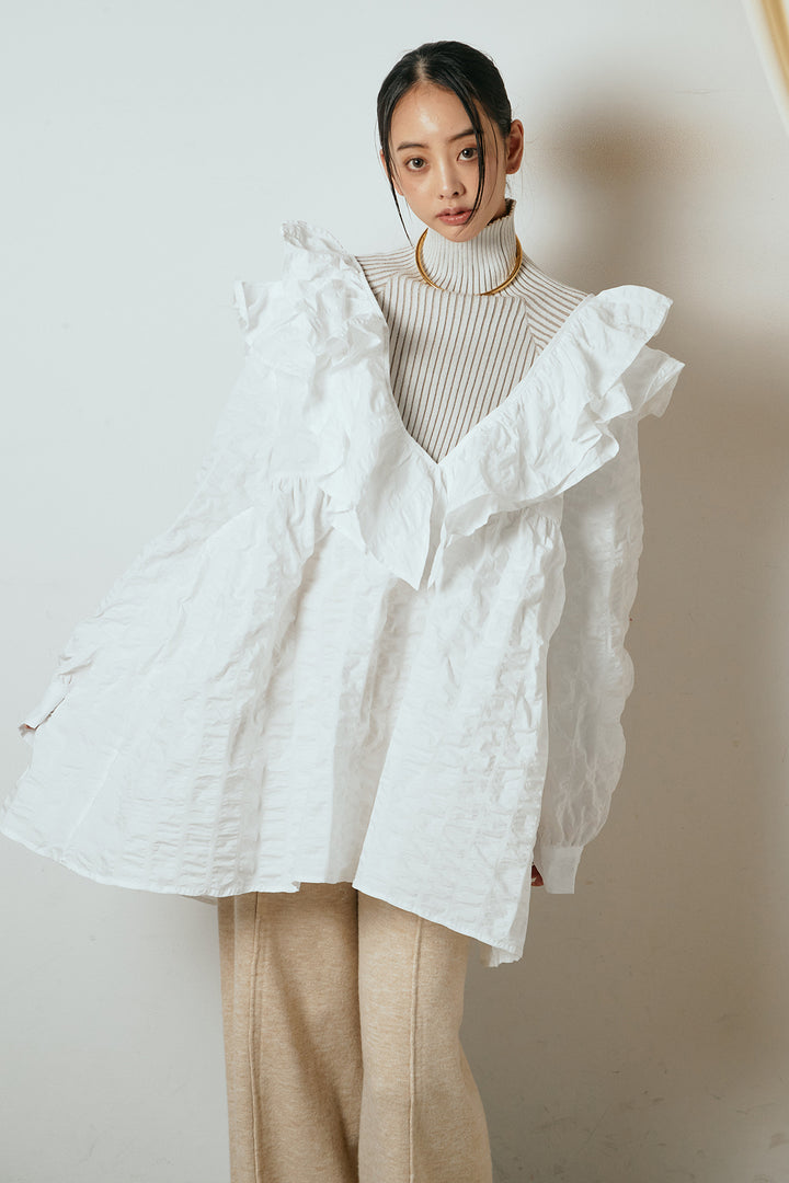 [SET]Vネックフリルカラーブラウス+ツイルスプリングカラータックパンツ(2set)