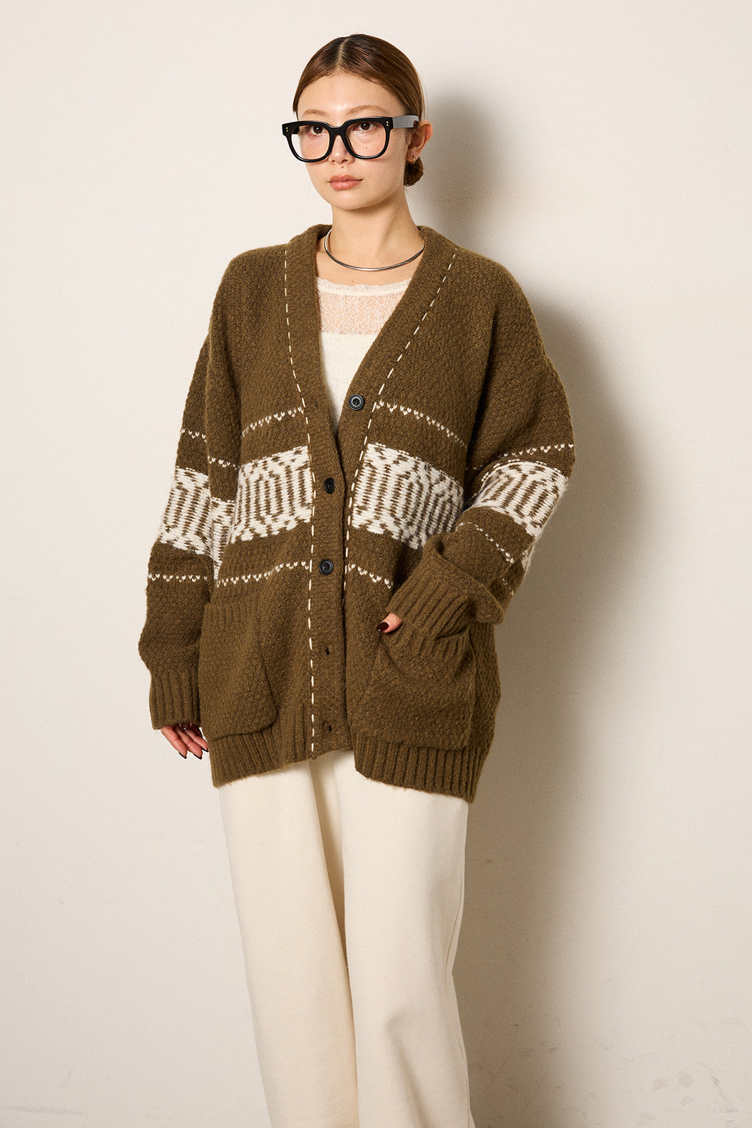 [SET]ライン柄ステッチニットカーディガン+2WAY袖コード刺繍クルーネックプルオーバー+裏起毛スウェットワイドパンツ(3set)