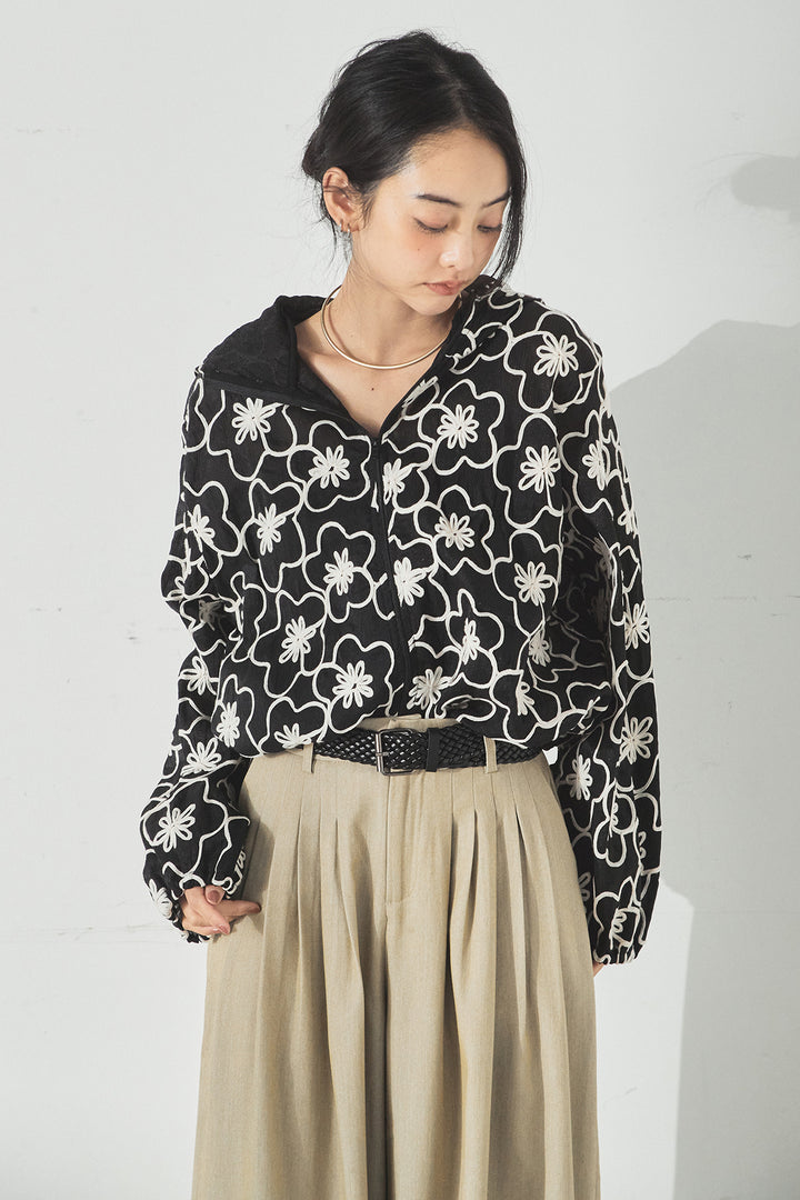 [SET]シアーフラワーフードブルゾン+編みベルト付きウエストタックワイドパンツ(2set)