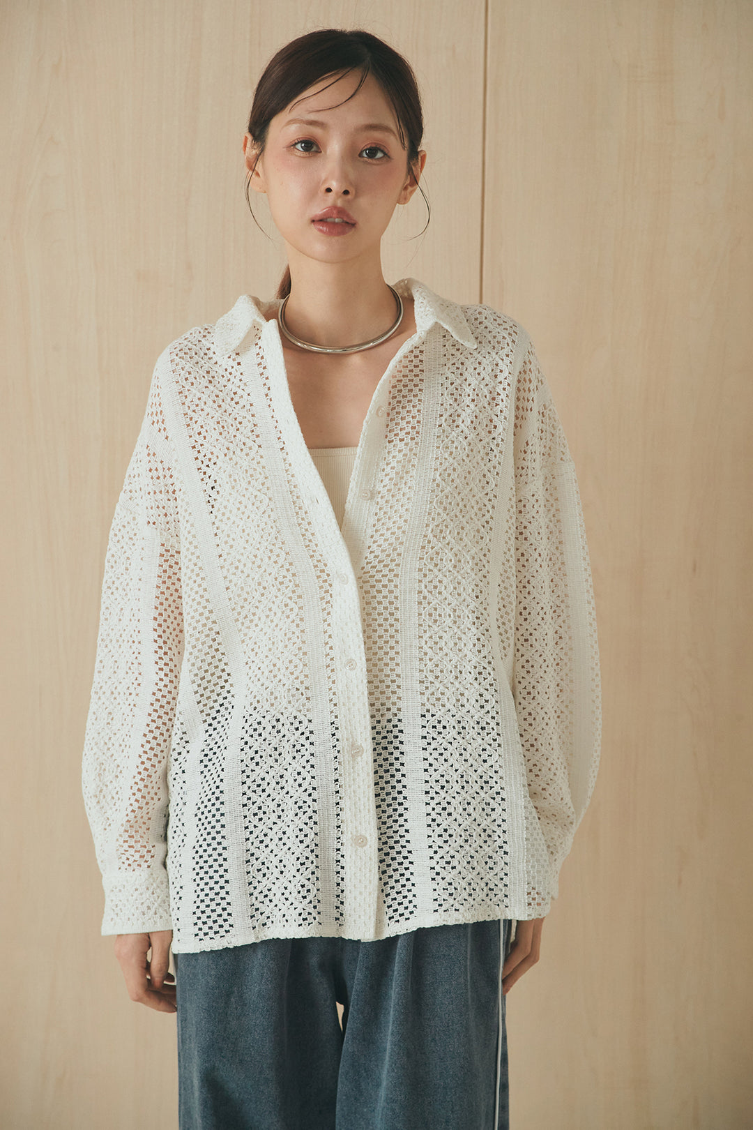 [SET]長袖襟付きレースシャツ+ポケットタックフォルムパンツ(2set)