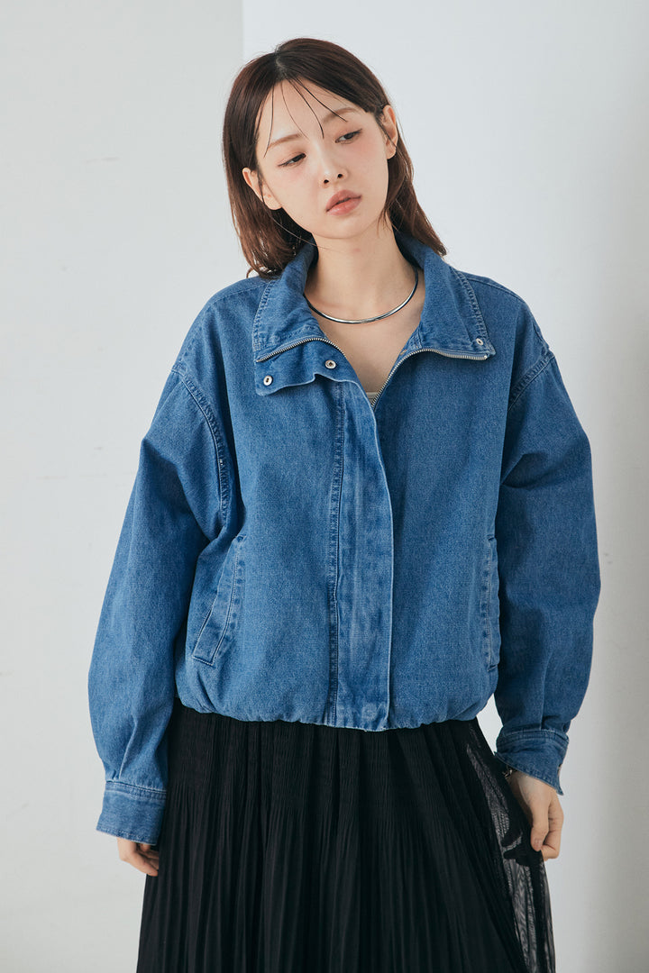 [SET]スタンドカラーデニムブルゾンジャケット+レースチェックワイドイージーパンツ(2set)