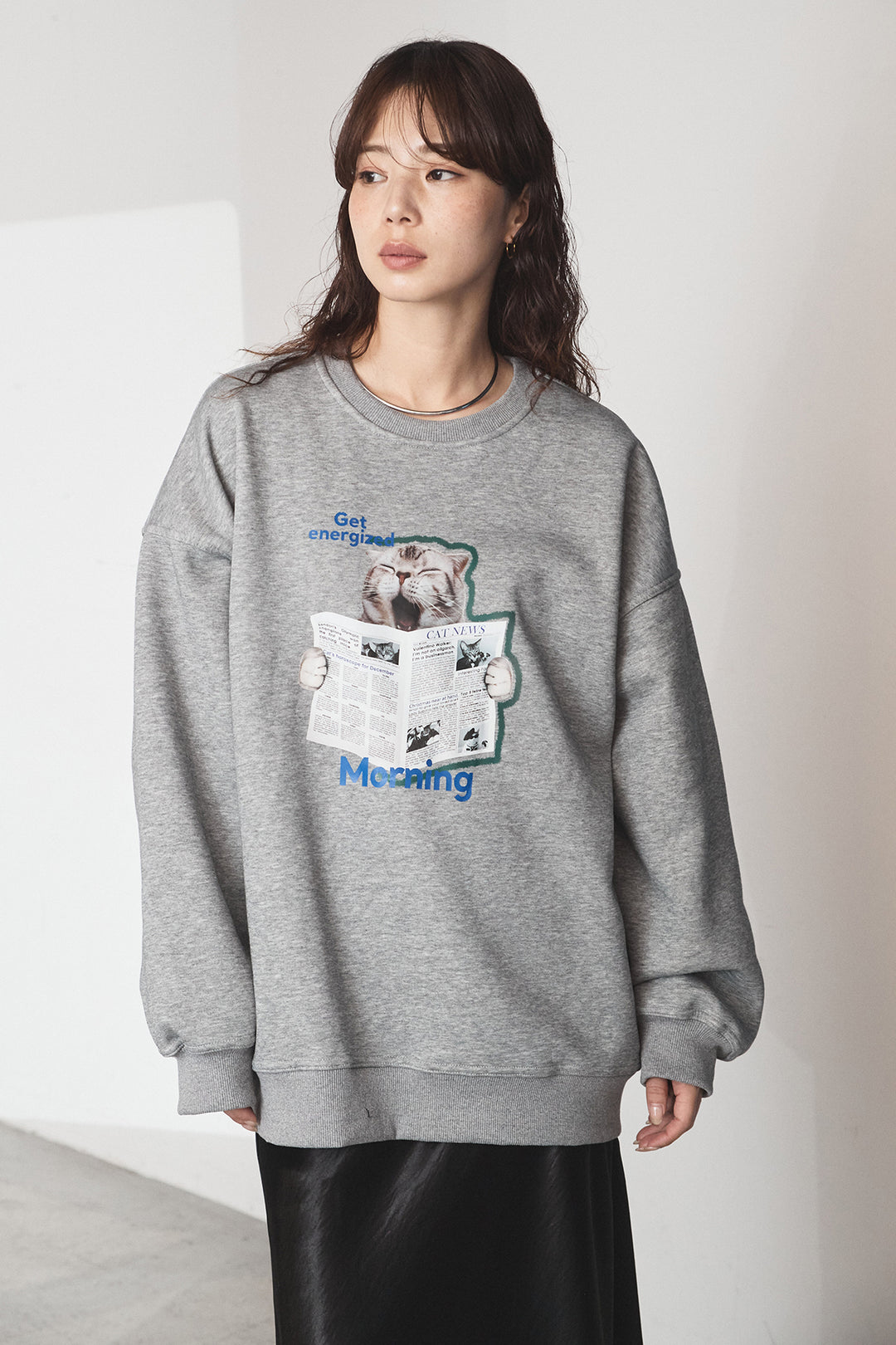 [SET]裏起毛モーニングキャットプリントスウェット+抽象柄ロングスカート(2set)