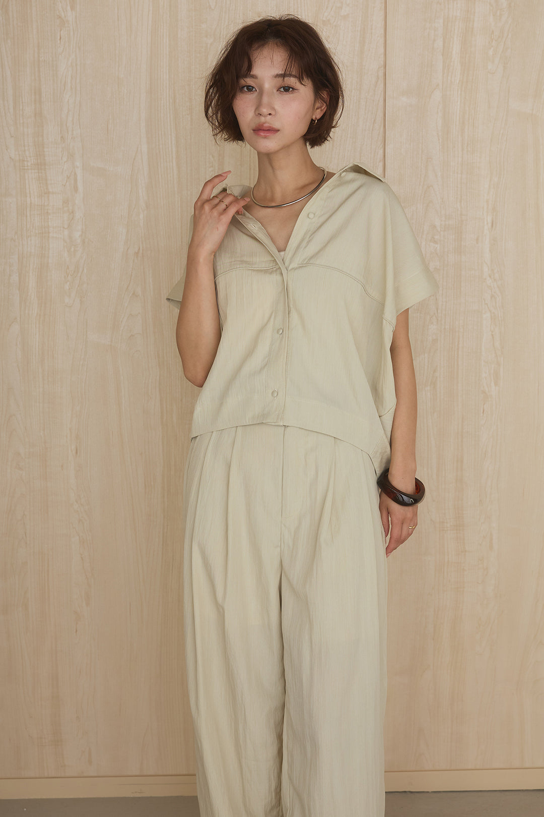 [SET]リネンライクランタンノースリシャツ+リネンライク2タックワイドパンツ(2set)