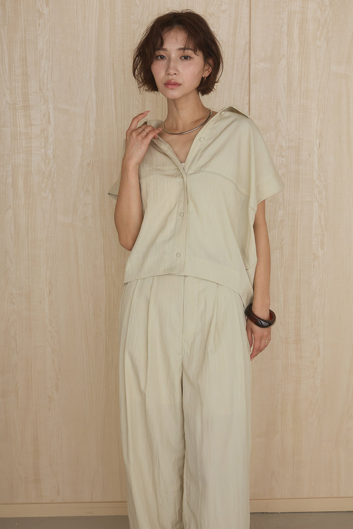 [SET]リネンライクランタンノースリシャツ+リネンライク2タックワイドパンツ(2set)