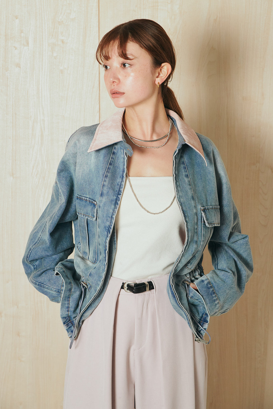 [SET]襟付き配色デニムブルゾン+ビックベルトループタックベルト付きワイドパンツ(2set)