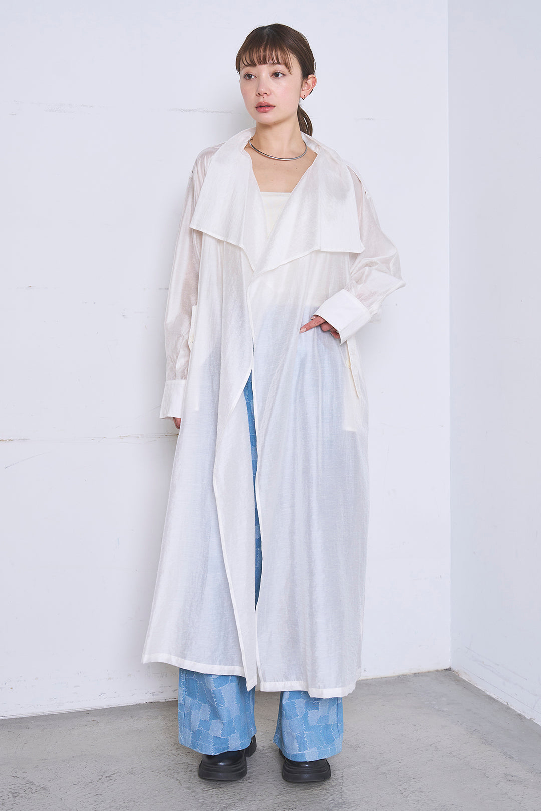 [SET]ロングシアーアウター+パッチワーク風デニムワイドパンツ(2set)