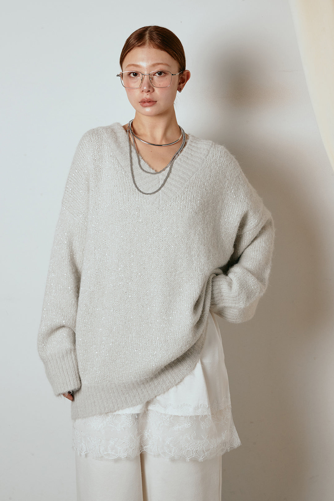 [SET]Vネックルーズラメニットトップス+スウェードライク裾フリンジスカート(2set)