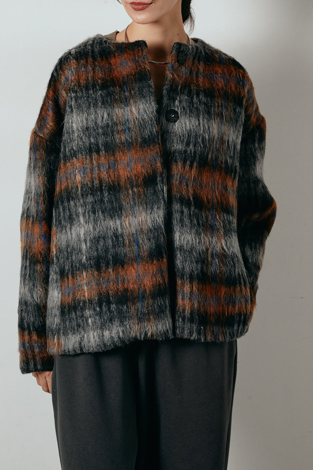 [SET]ノーカラーシャギーチェックアウター+裏起毛スウェットワイドパンツ(2set)