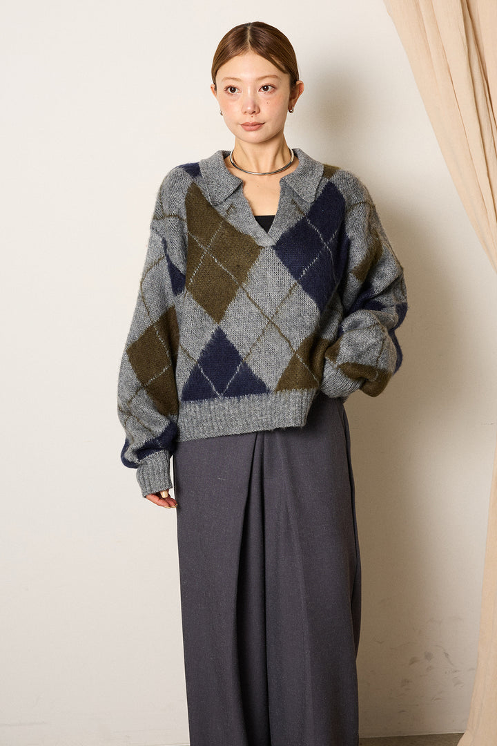 [SET]アクリルモヘアアーガイルキーネックプルオーバー+サイドベルトパンツ(2set)