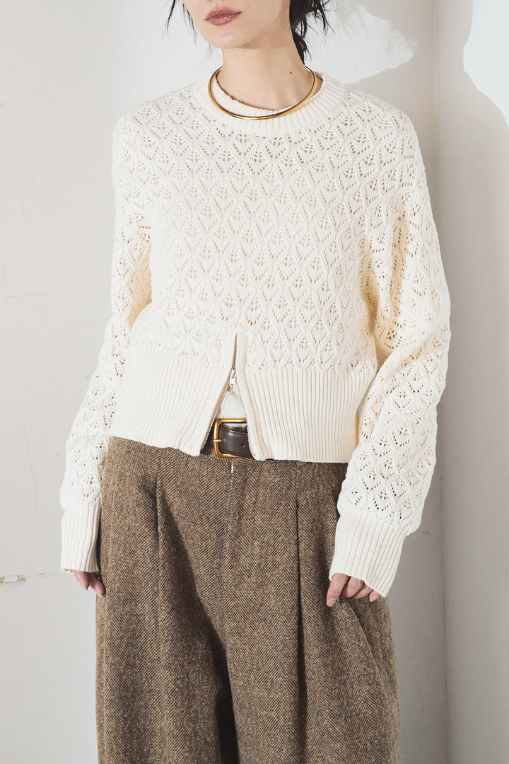 [SET]透かし編みニットジップスリットプルオーバー+タックツイードワイドパンツ(2set)