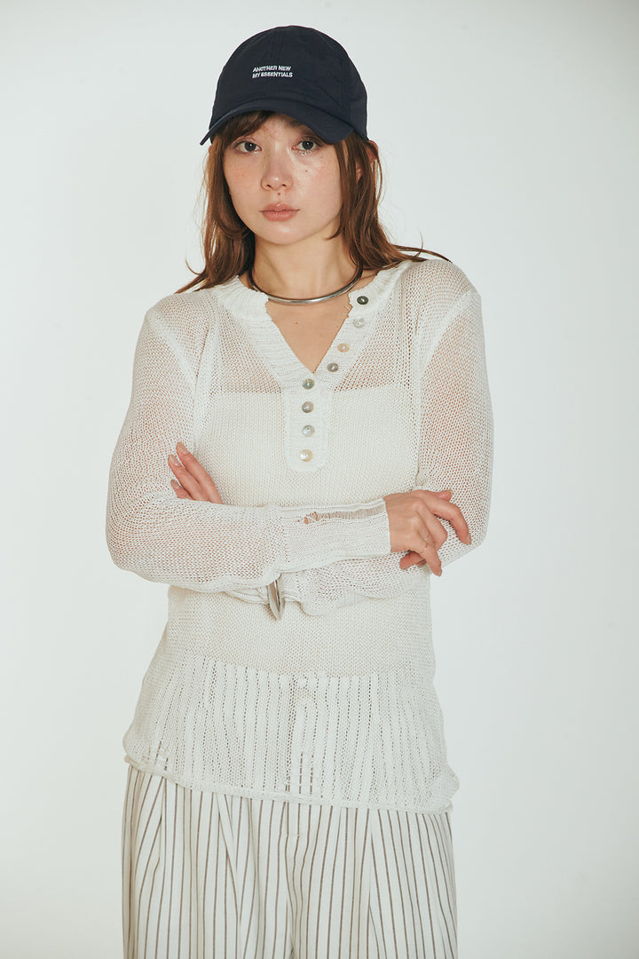 [SET]ヘンリーネックダメージニットプルオーバー+ビックベルトループタックベルト付きワイドパンツ(2set)