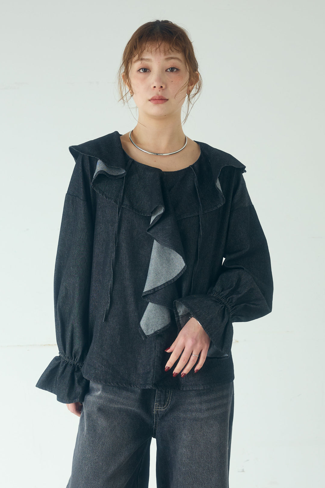 [SET]リネンライクテーラードジャケット+デニムフリルブラウス(2set)