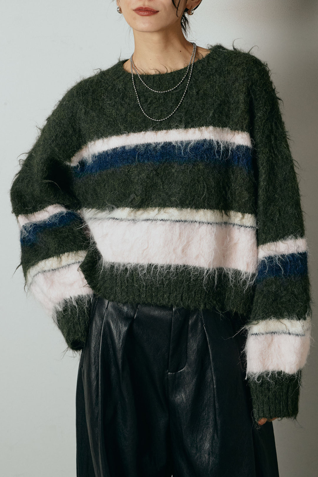 [SET]起毛配色マルチボーダーニットトップス+ベルト付きレザーライクタックパンツ(2set)