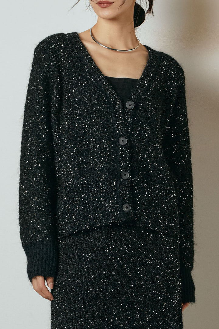 [SET]ミニラメニットカーディガン+ミニラメニットスカート(2set)