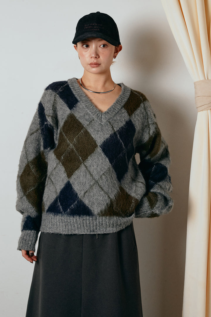 [SET]アクリルモヘアアーガイルVネックプルオーバー+太ベルト付きタックデザインワイドパンツ(2set)