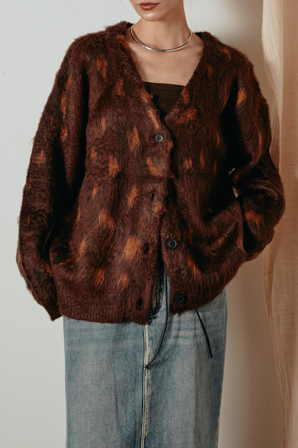 モヘアタッチレオパードVネックカーディガン – ESICA