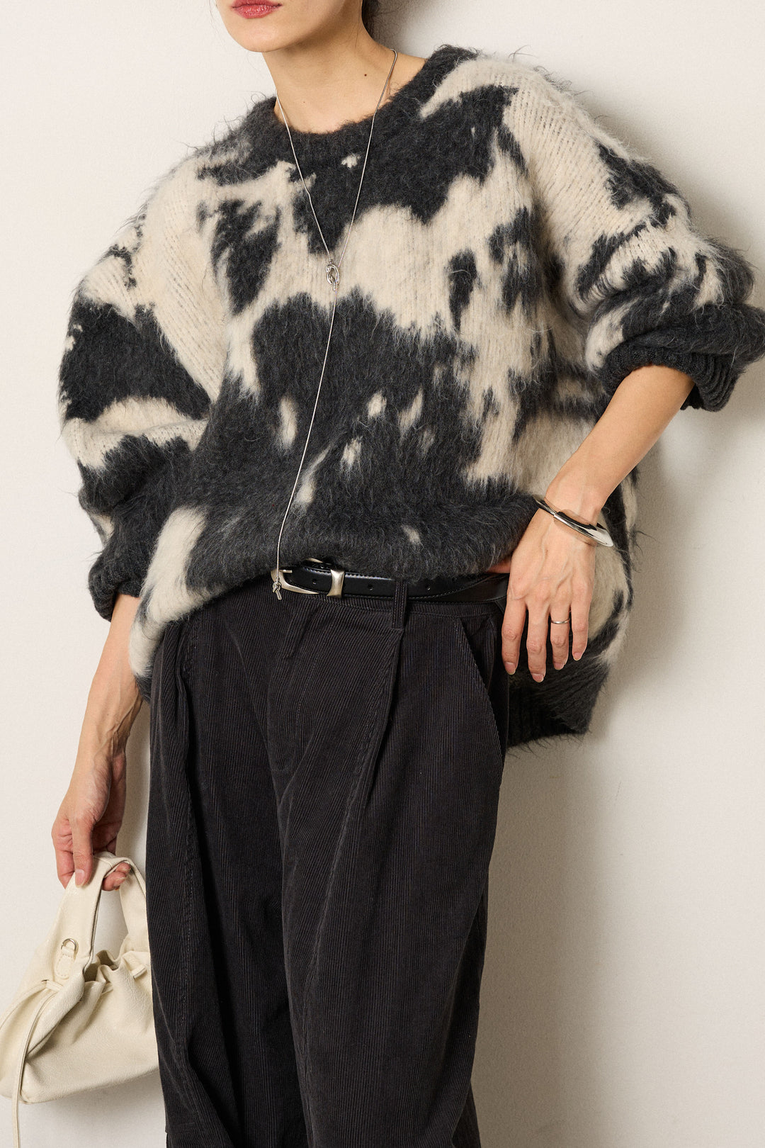 [SET]モヘアタッチマーブルニット+箔プリントBIGシルエットロングスリーブTシャツ+ワイドリブニットイージーパンツ(3set)