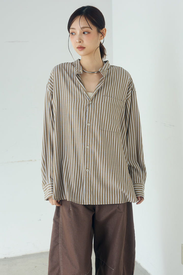 レーヨンストライプバンドカラー長袖シャツ