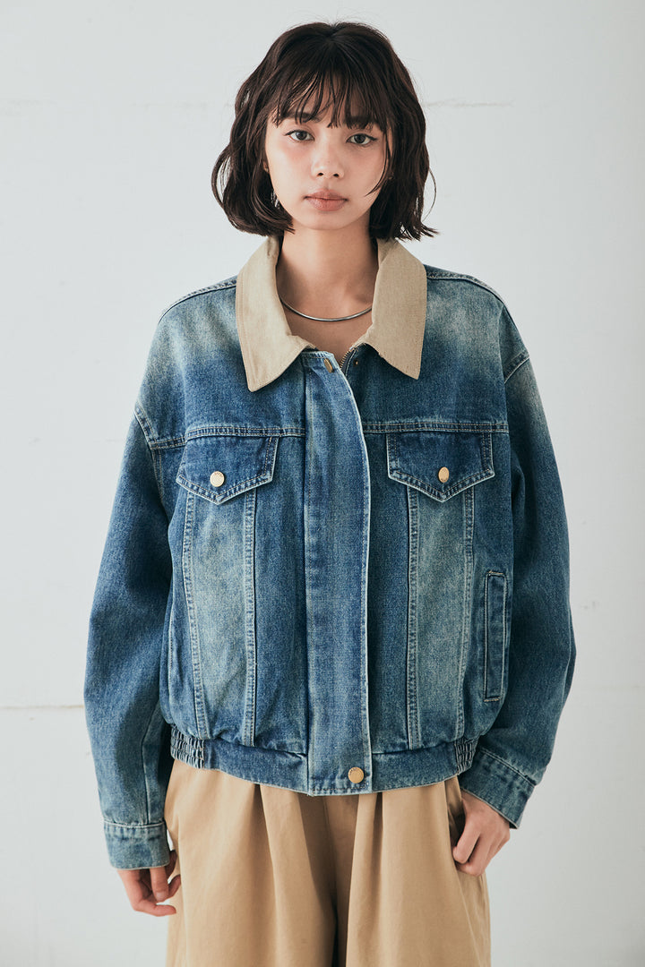 [SET]襟切り替えジップデニムジャケット+リラックスシアーフレアスカート(2set)