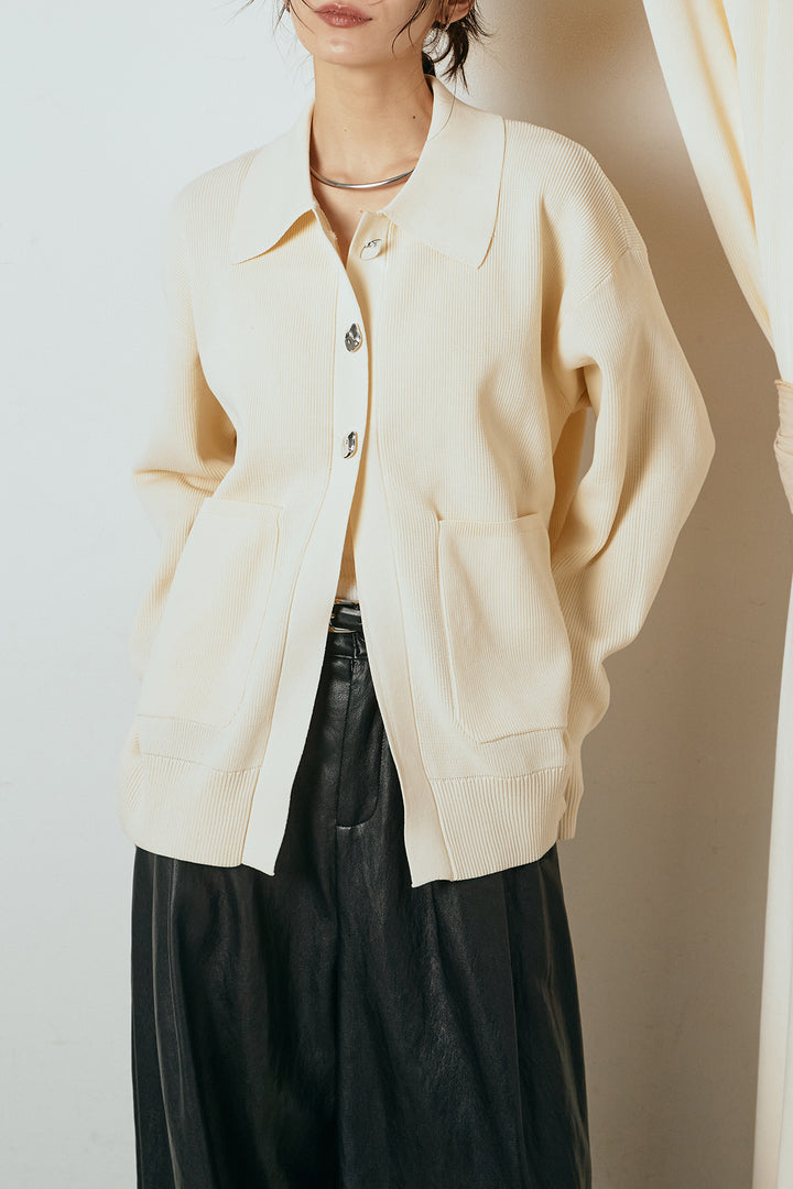 [SET]メタル釦衿付きニットカーディガン+ベルト付きレザーライクタックパンツ(2set)