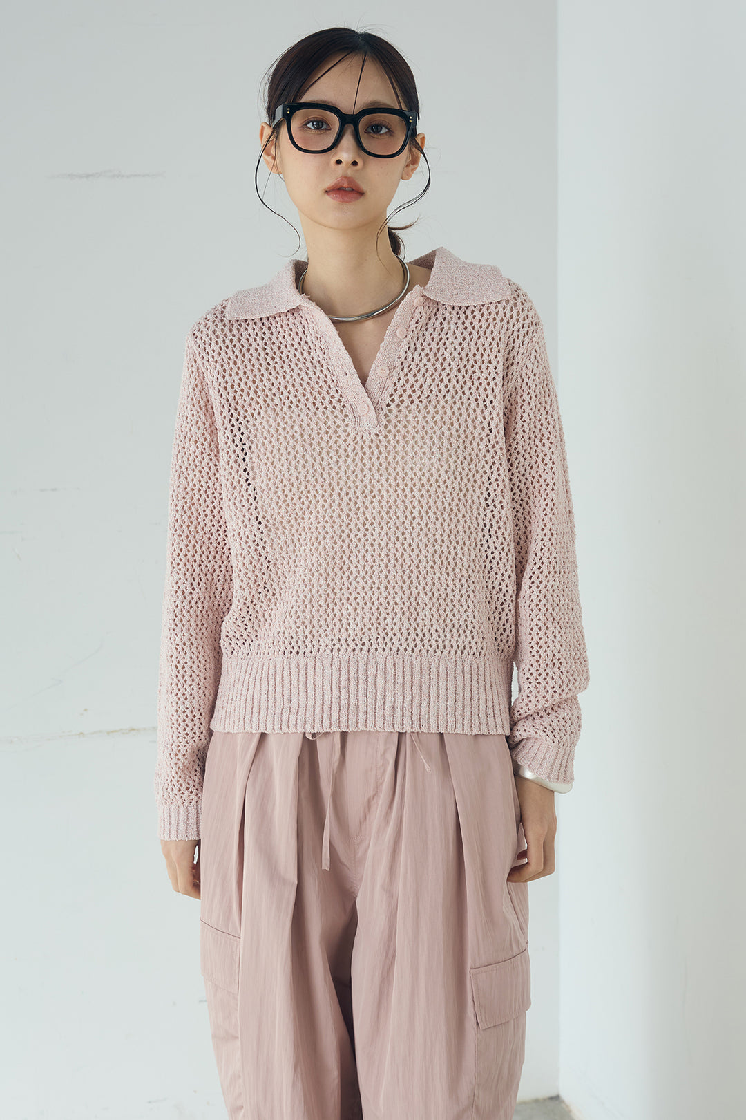 [SET]ミックスメッシュポロニット+麻混タックワイドパンツ(2set)