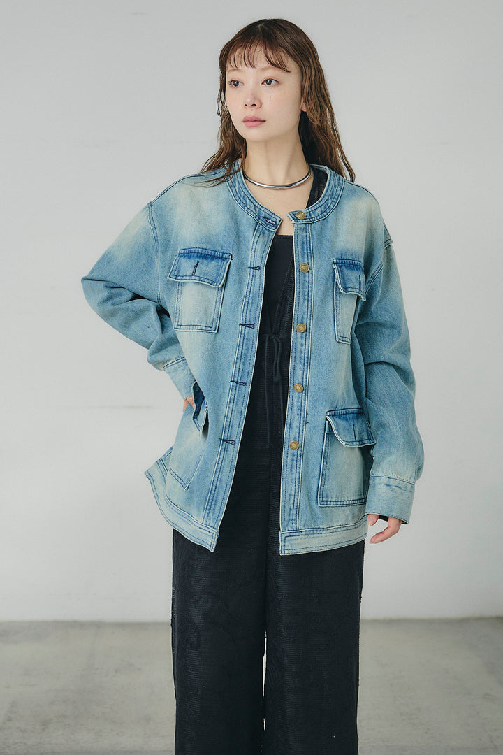 [SET]ノーカラーデニムポケットジャケット+コットンフリルブラウス+ベルト付きタックデザインハイウエストロングパンツ(3set)