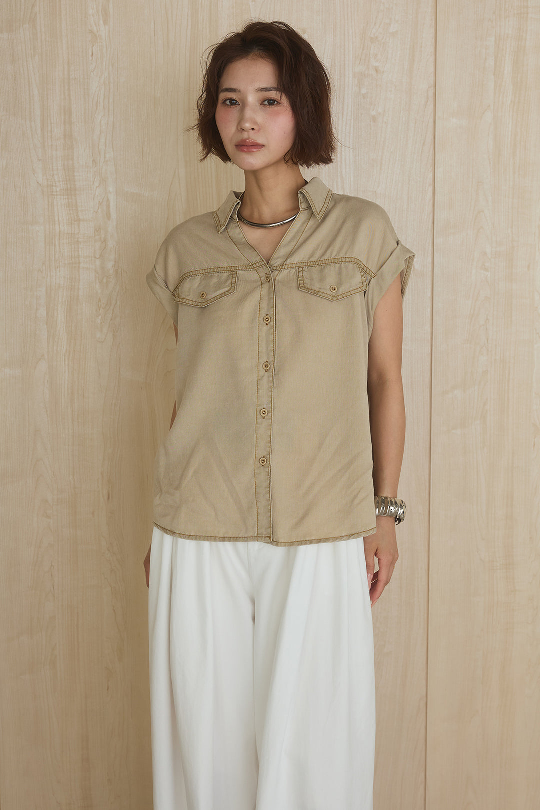 [SET]リヨセルデニムノースリシャツ+センタースリットデニムジャンスカ(2set)