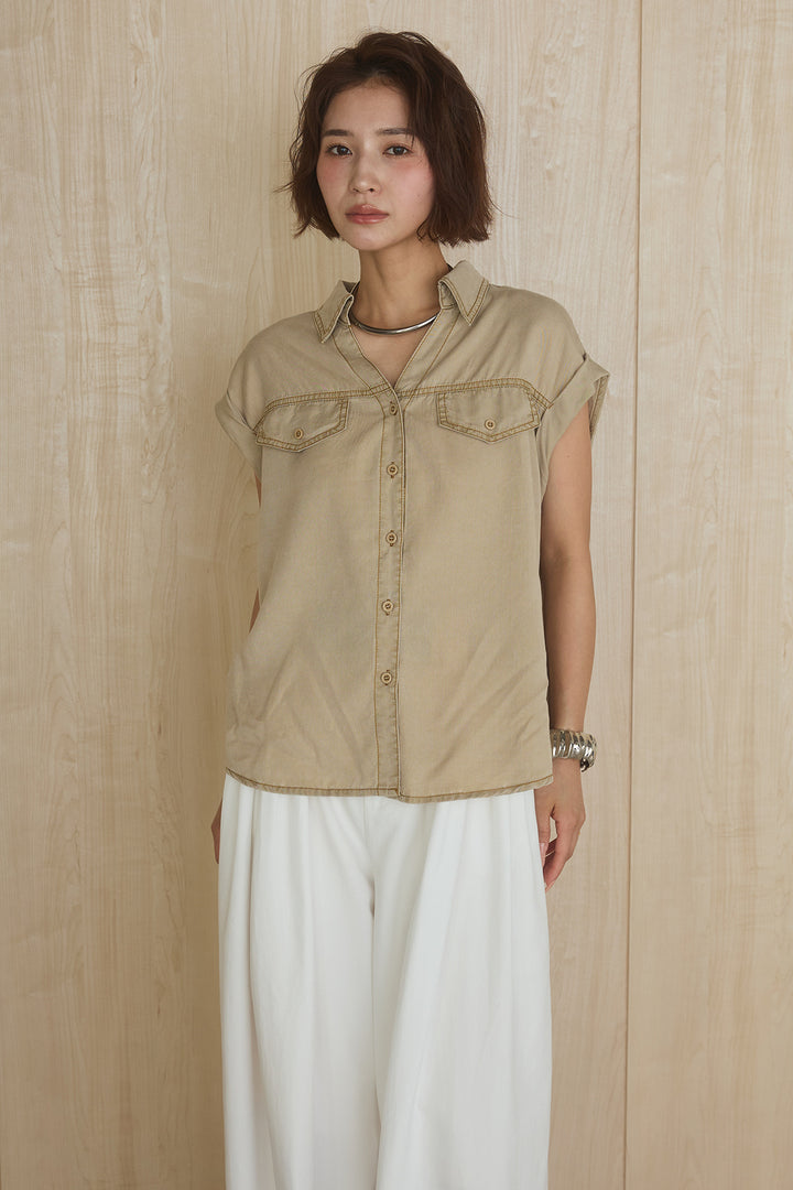 [SET]リヨセルデニムノースリシャツ+センタースリットデニムジャンスカ(2set)