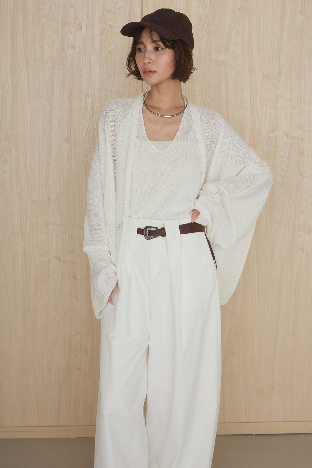 [SET]オーバードルマンカーディガン+ホルターネックインナー+ベルトループデザインハイウエストタックパンツ(3set)