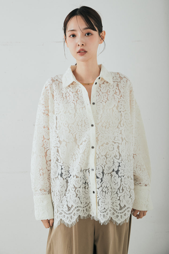 [SET]レース裾スカラップシャツ+ベルトループデザインハイウエストタックパンツ(2set)