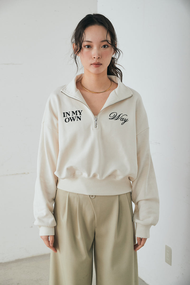 [SET]裏毛ロゴ刺繍ハーフZIPスウェット+刺繍レースデザインサテンスカート(2set)