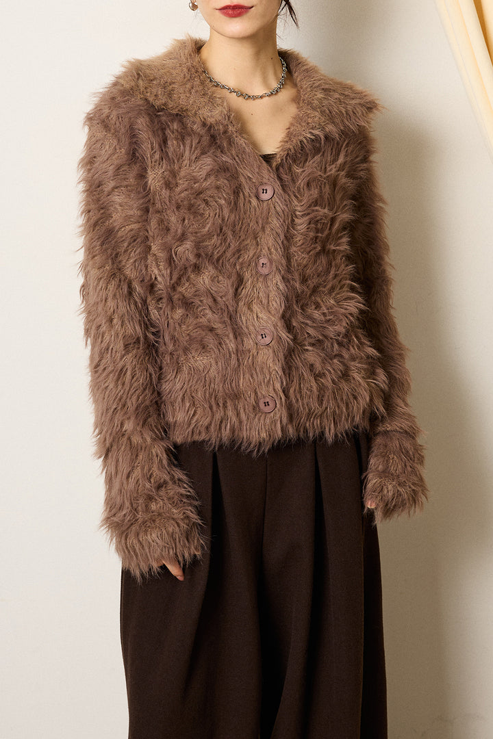 襟付きシャギーニットカーディガン