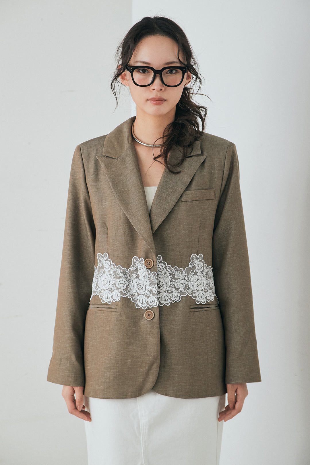 [SET]リネンタッチレースデザインジャケット+裾レースデザインデニムスカート(2set)