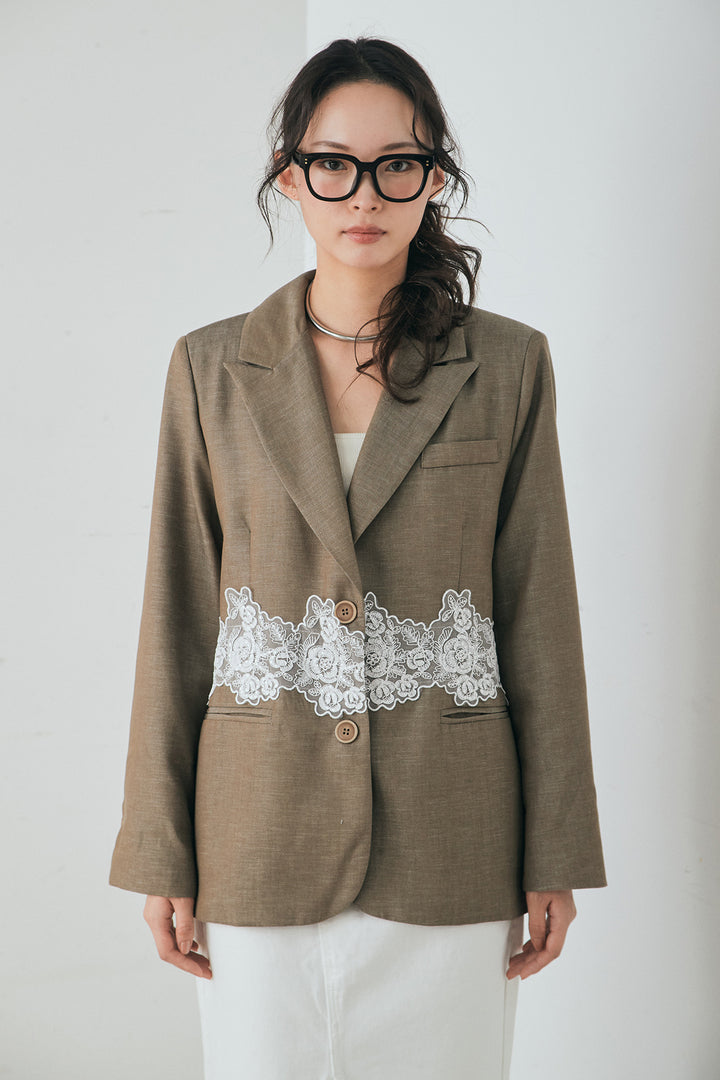 [SET]リネンタッチレースデザインジャケット+裾レースデザインデニムスカート(2set)