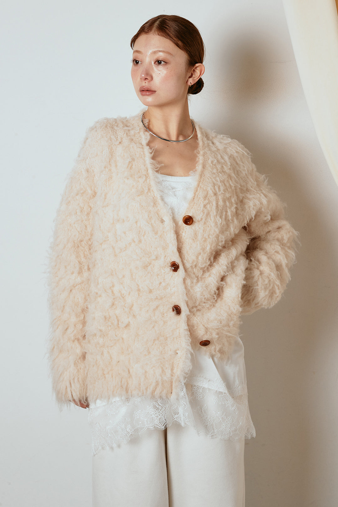 [SET]ルーズシャギーニットカーディガン+スウェードライク裾フリンジスカート(2set)