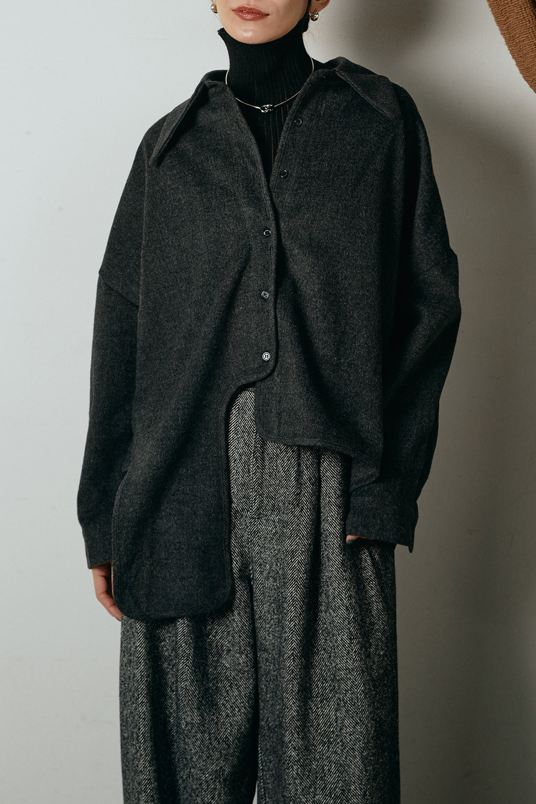 [SET]裾アシンメトリーデザインシャツ+編みベルト付きワイドパンツ+リブニットシームレスタートルプルオーバー(3set)