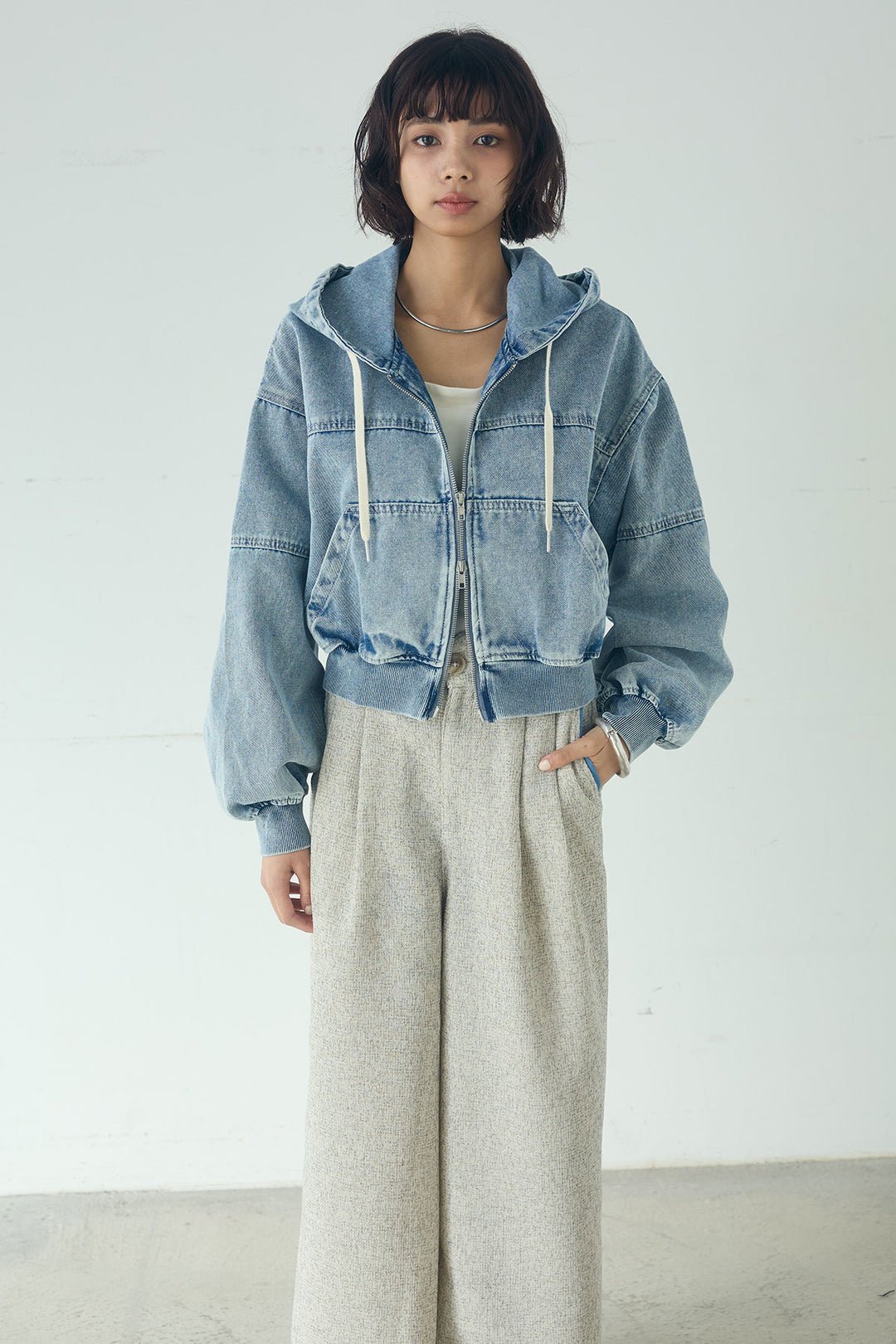 [SET]デニムダブルジップパーカーブルゾン+デニムタックカーブパンツ(2set)