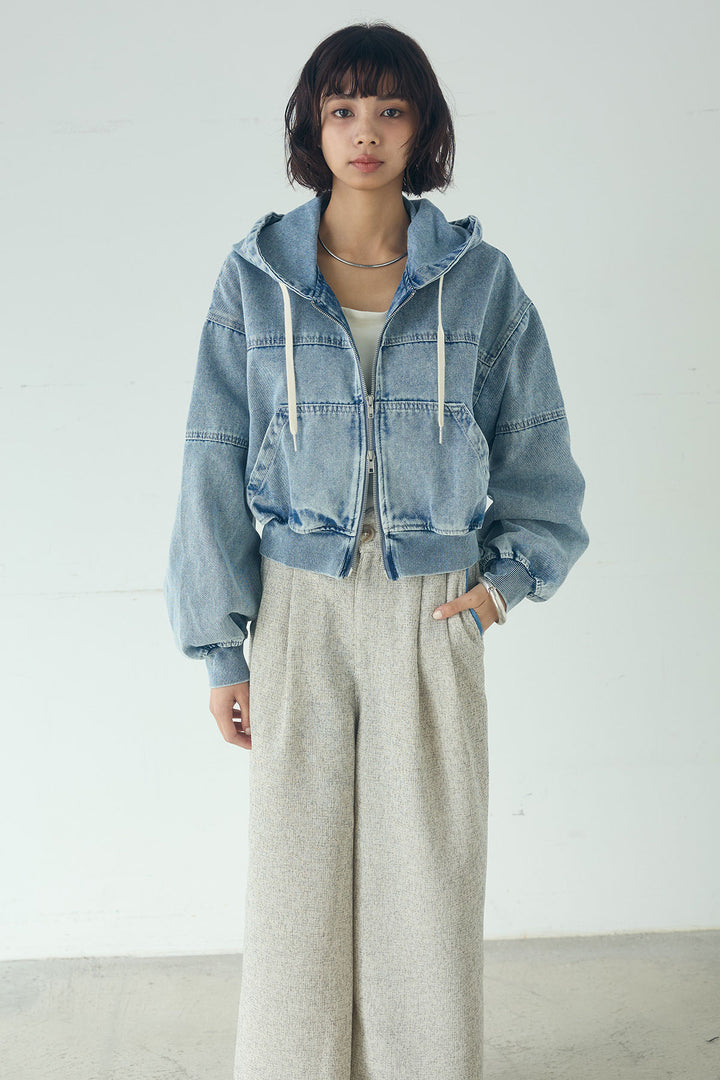 [SET]デニムダブルジップパーカーブルゾン+デニムタックカーブパンツ(2set)