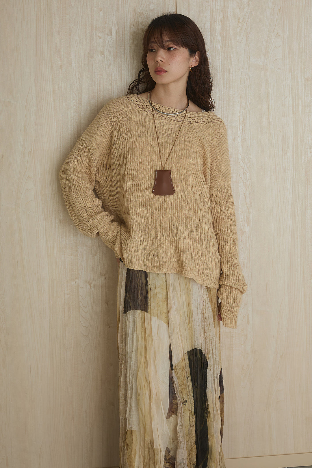 [SET]ネック編みデザインニットトップス+ウエスト折り返しワイドパンツ(2set)