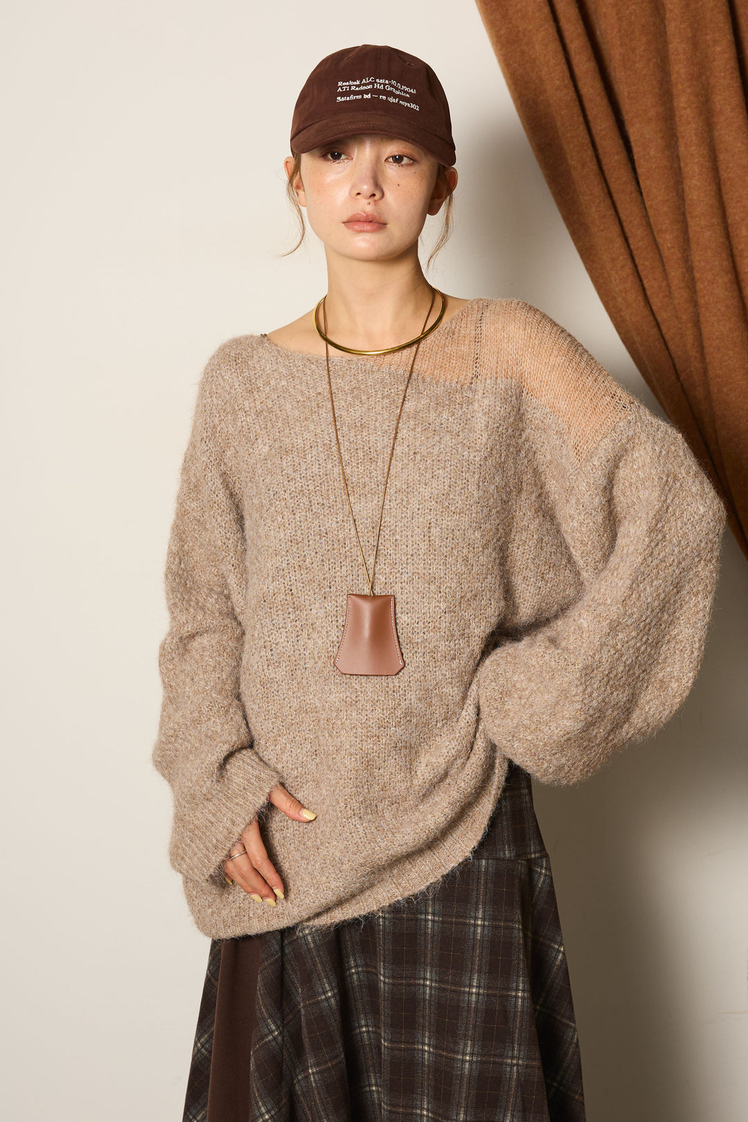 [SET]切り替え編みデザインニットトップス+フェイクレザーベルト付き切り替えタータンチェックスカート(2set)