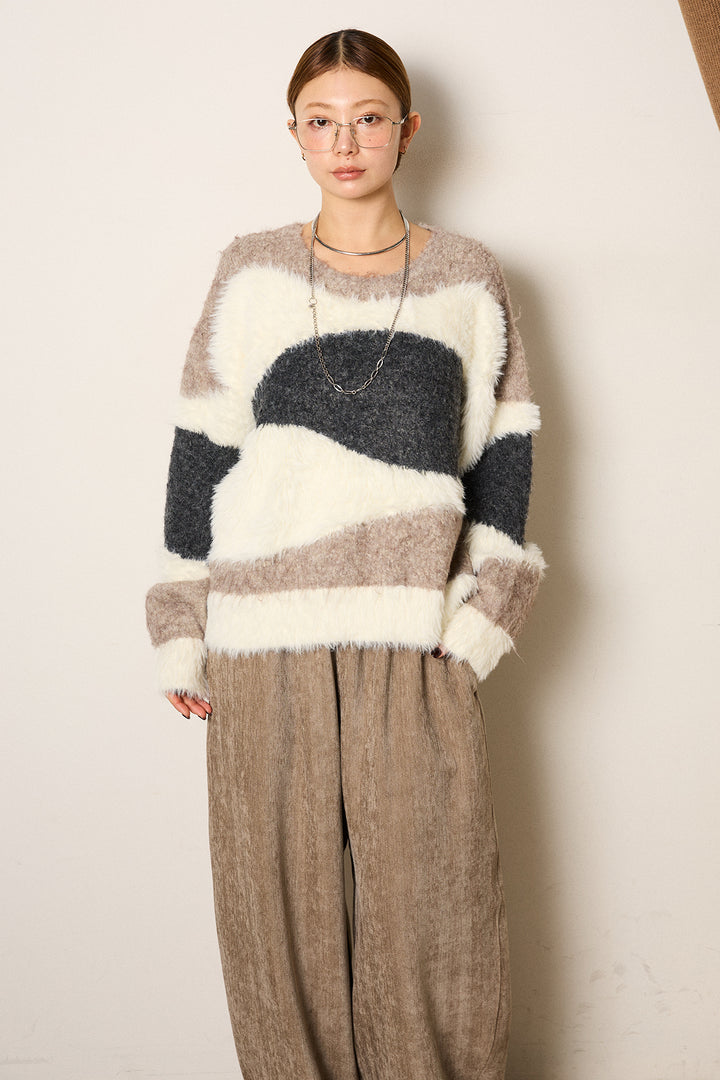 [SET]シャギーウェーブ柄クルーネックニットトップス+細ベルト付き起毛タックワイドパンツ(2set)