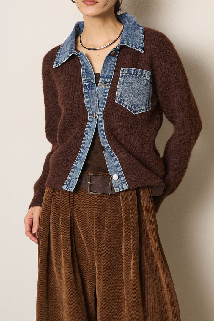 [SET]襟付きデニム切替ニットカーディガン+起毛タック入りツイードワイドパンツ(2set)