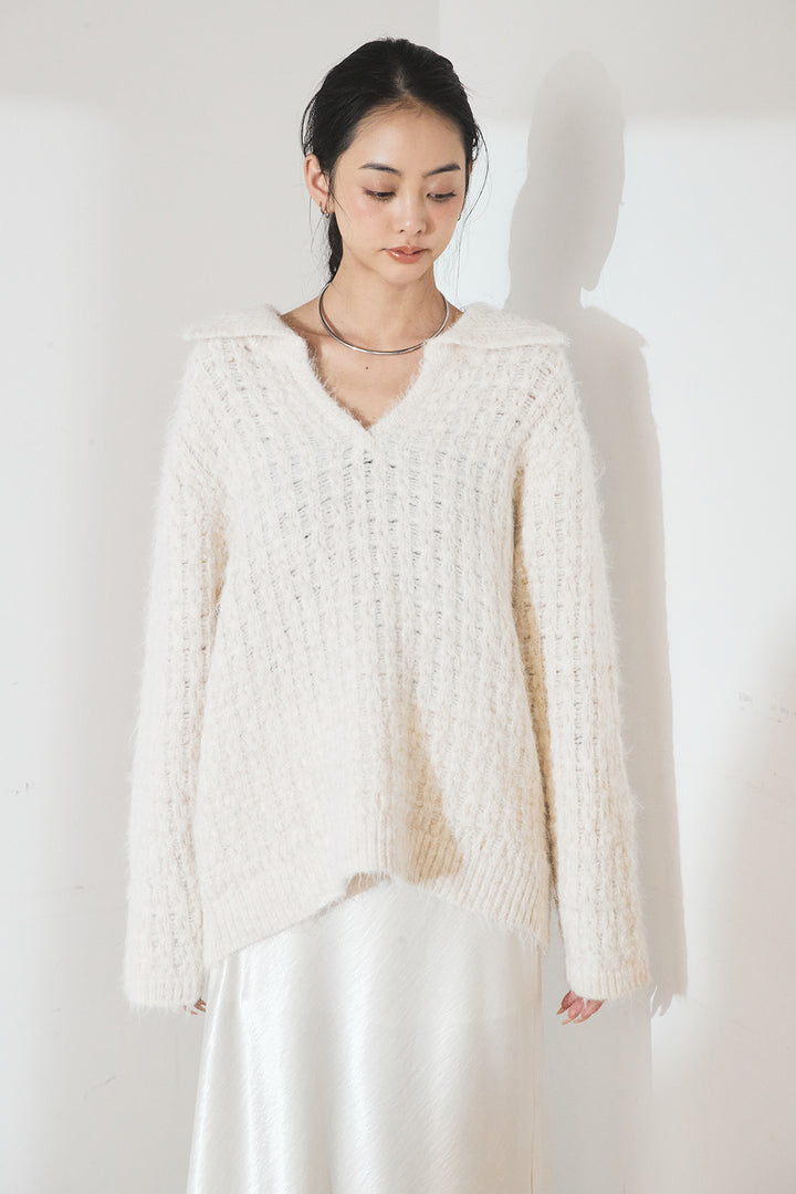 [SET]襟付きVネックニットトップス+リラックスレオパード柄ワイドパンツ(2set)