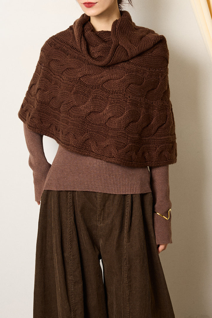 [SET]ケーブル編みケープレイヤードニット+サイドベルトパンツ(2set)