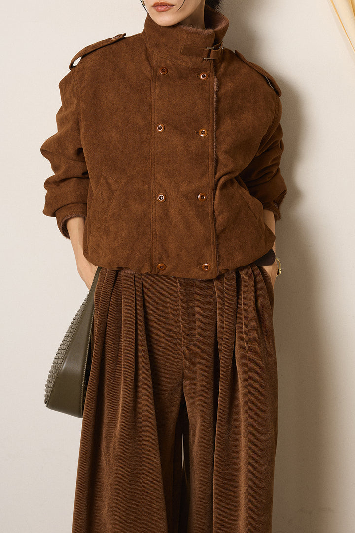 [SET]スタンド襟スウェードライクアウター+スタッズデザインベルトタータンチェックパンツ(2set)