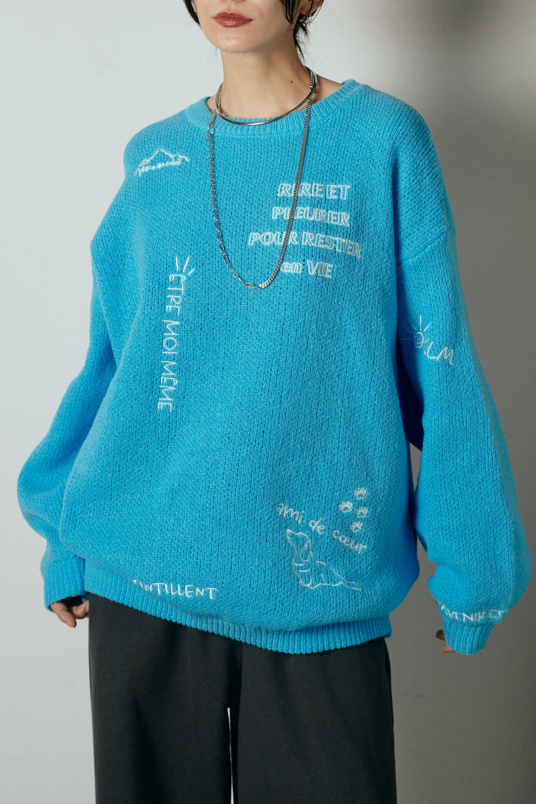 [SET]刺繍ロゴランダムデザインニットトップス+裏起毛スウェットワイドパンツ(2set)