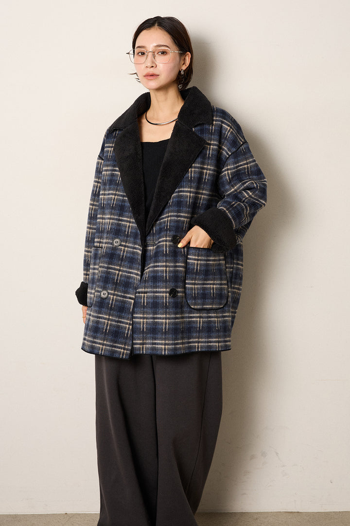 裏地ボアタータンチェック柄ミディアムコート