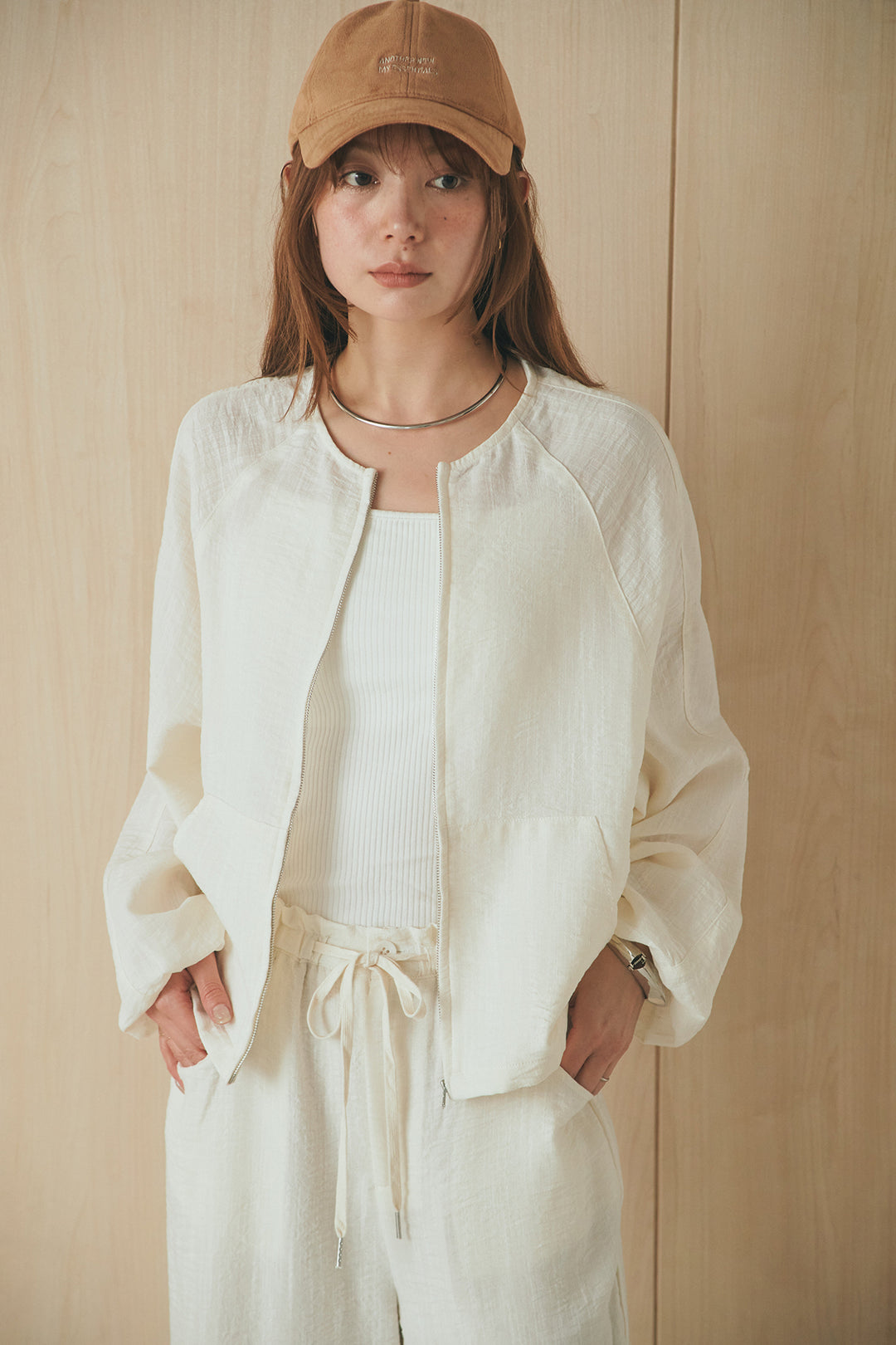 [SET]麻混ノーカラーブルゾン+麻混ウエストドロストパンツ(2set)